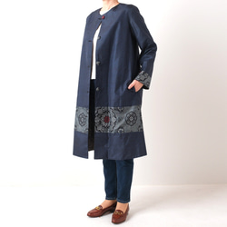 アンティーク大島紬のパッチワークコート　リバーシブル　青割り込み絣　受注制作可能です　着物リメイク 1枚目の画像