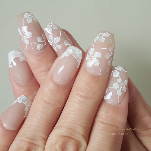 51))ストーンネイル フレンチガーリー ネイルチップ ブライダルネイル 結婚式 51))ストーンネイル フレンチガーリー ネイルチップ ブライダル