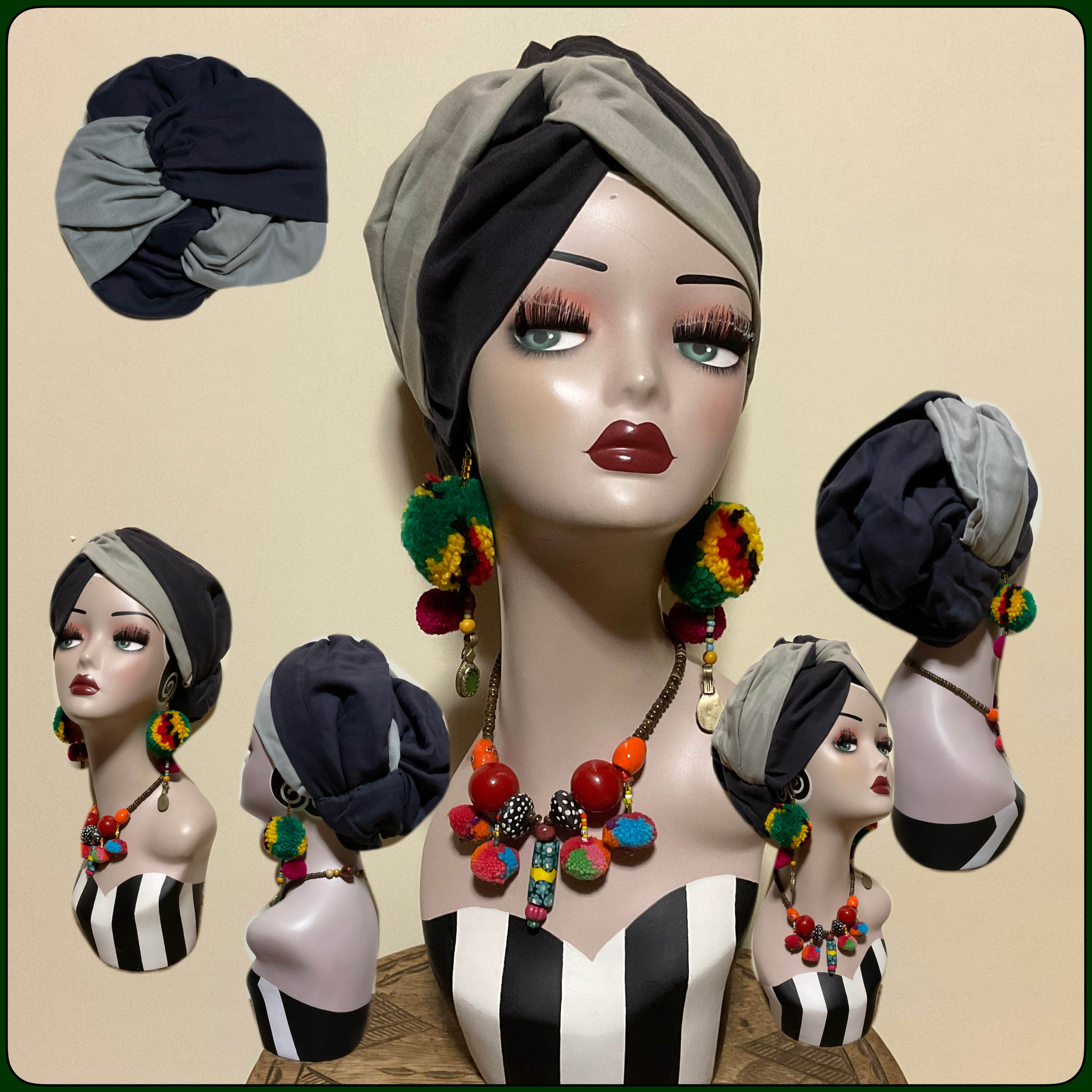 通年素材　チャコール×ライトグレー　ダブルガーゼ　ダブルクロス　帽子　帽子にもなる　ヘアターバン ヘアバンド