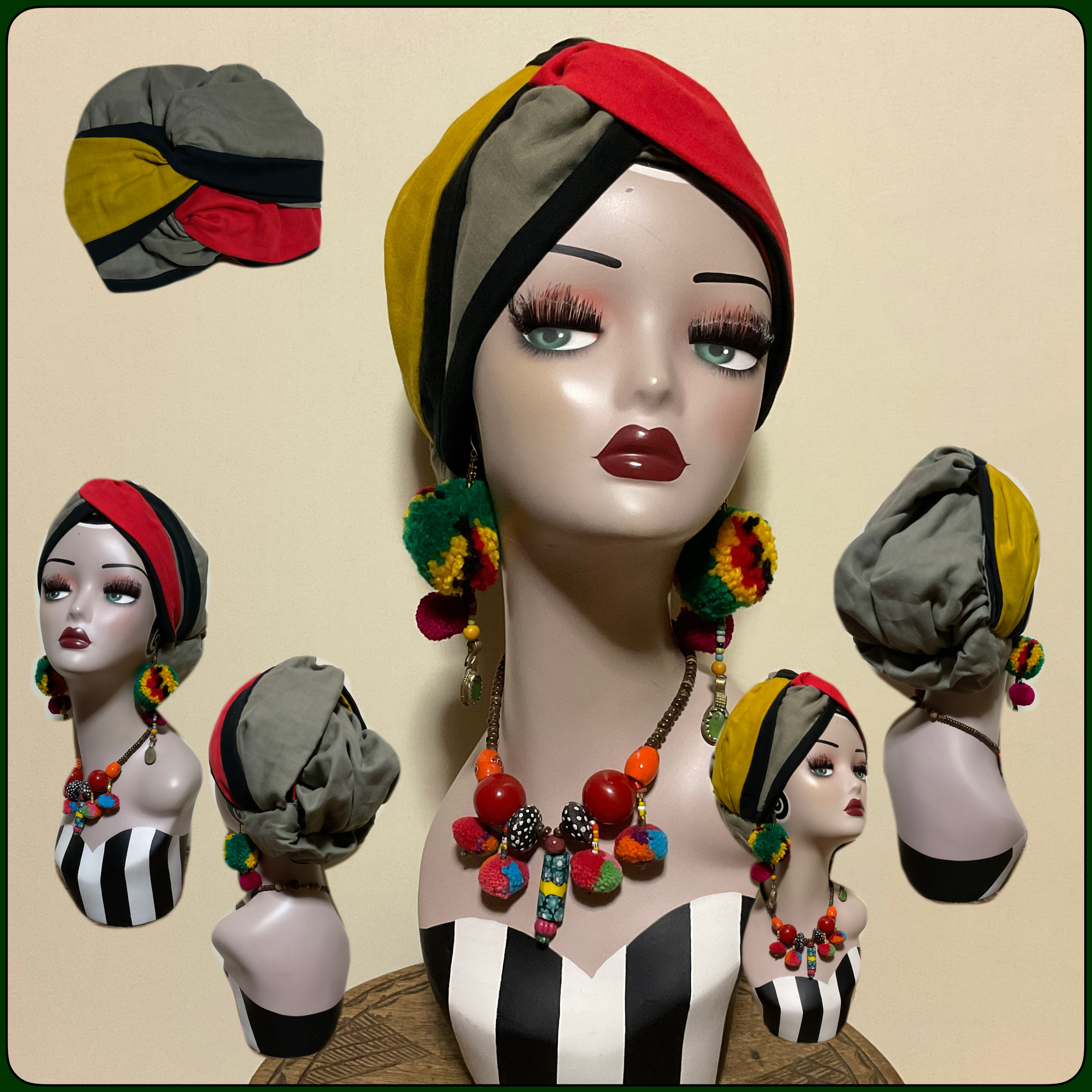 通年素材　カーキグレー×赤黒黄　ダブルガーゼ　ダブルクロス　帽子　帽子にもなる　ヘアターバン ヘアバンド