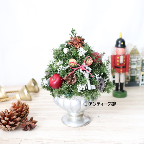 【早割クリスマス2023】選べるチャーム☆小さな森のツリー（アップル）～アンティークポット～（プリザーブドフラワー） 6枚目の画像