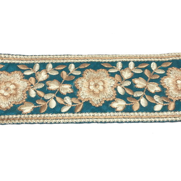 【50cm単位】グリーンブルーゴールド　 インド刺繍リボンハンドメイド材料　りぼん素材 2枚目の画像