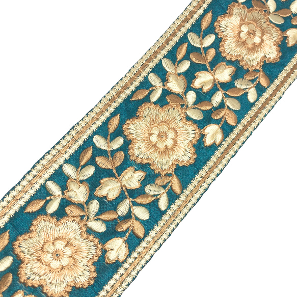 【50cm単位】グリーンブルーゴールド　 インド刺繍リボンハンドメイド材料　りぼん素材 1枚目の画像