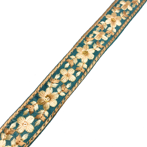 【50cm単位】グリーンブルー　細め　インド刺繍リボンハンドメイド材料　りぼん素材 1枚目の画像