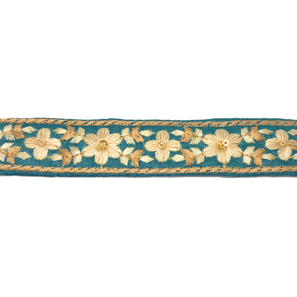 【50cm単位】グリーンブルー　細め　インド刺繍リボンハンドメイド材料　りぼん素材 2枚目の画像