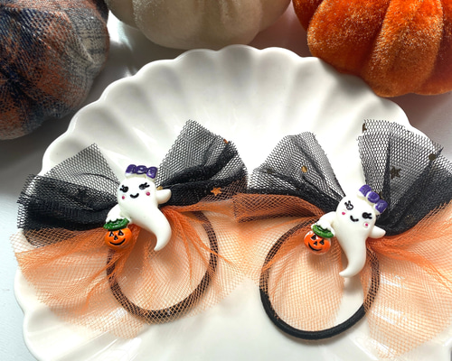 期間限定【オーダー♡かぼちゃリボン】ヘアクリップ　ヘアピン　ヘアゴム　ハロウィン バニーベル】ハロウィンコスチューム～かぼちゃのヘアクリップ