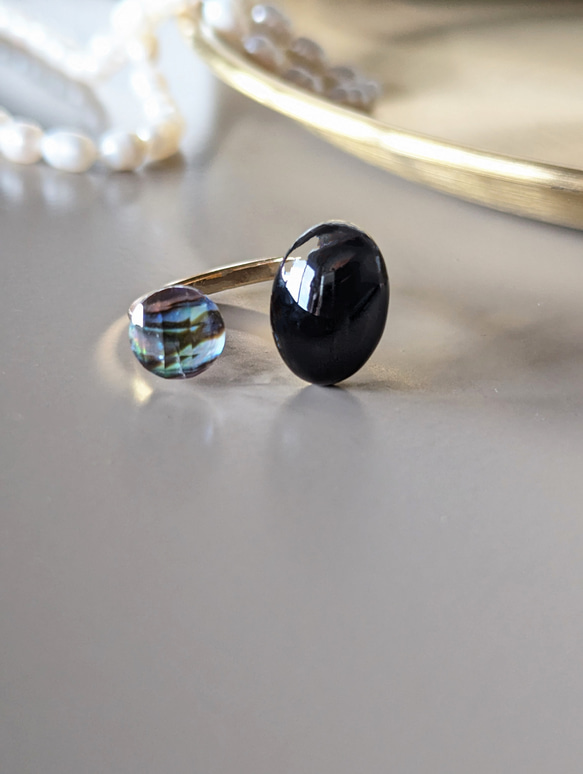 母の日早割✿Black Onyx × Avaron shell ブラックオニキス＆アバロンシェルフォークリング 3枚目の画像