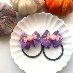オーガンジーリボンヘアゴム ハロウィンパーティー 6 ハロウィン リボンヘアゴム 髪ゴム 蜘蛛の巣 オレンジ
