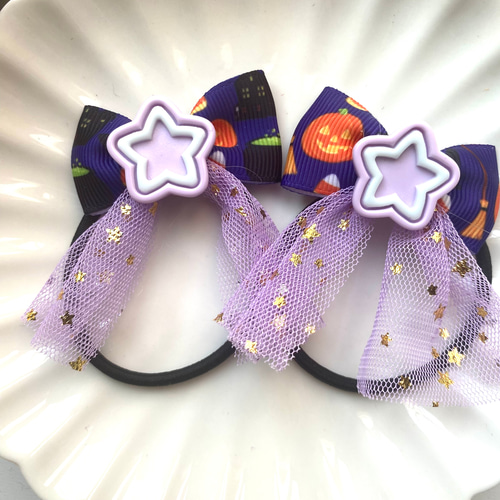 ハロウィン かぼちゃ お星さま チュール リボン キッズ ヘアゴム