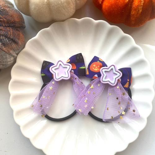 ハンドメイド☆キッズリボンヘアゴム☆大きめ☆紫☆うさぎ☆キラキラ