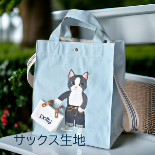 ハチワレ猫 もふもふ刺しゅうの2wayトートバッグ（薄グレー生地