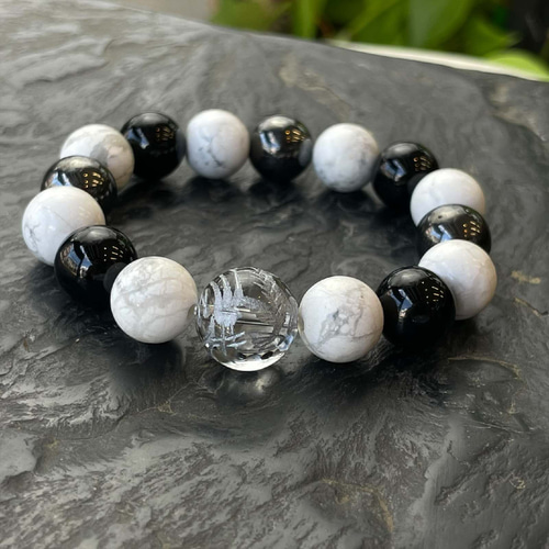 風水神のお守り数珠♪銀彫皇帝龍 本水晶 ハウライト ヘマタイト