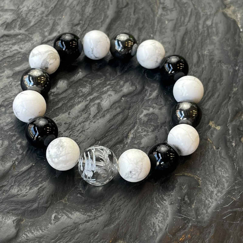 風水神のお守り数珠♪銀彫皇帝龍 本水晶 ハウライト ヘマタイト