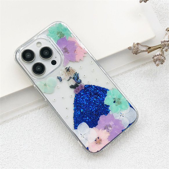 お花をドレス！可愛くてお洒落な押し花ケース！  iPhoneケース 手帳型スマホケース 2枚目の画像