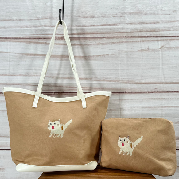 驚き猫の刺繍 配色フェイクレザーキャンバストートバッグ&ポーチの