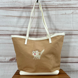 [免運費] 驚喜貓咪刺繡彩色人造皮革帆布手提包和小袋套裝&lt;棕色米色&gt; 第2張的照片