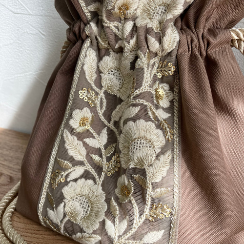 インド刺繍リボン＊巾着バッグ ショルダーバッグ 肩掛け