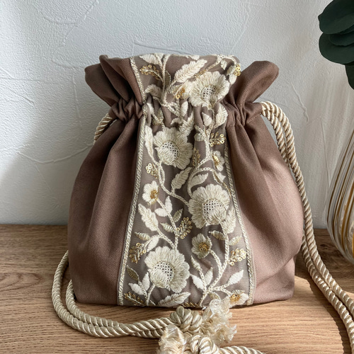 インド刺繍リボン＊巾着バッグ ショルダーバッグ 肩掛け