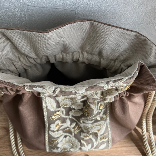 インド刺繍リボン＊巾着バッグ ショルダーバッグ 肩掛け ハンドバッグ