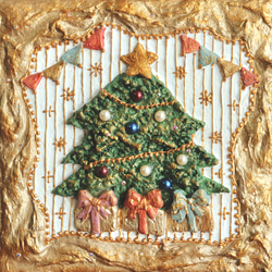 「緑のクリスマスツリーとプレゼント」アンティーク風なテクスチャーアート　壁掛けインテリアアート　雑貨　立体 2枚目の画像