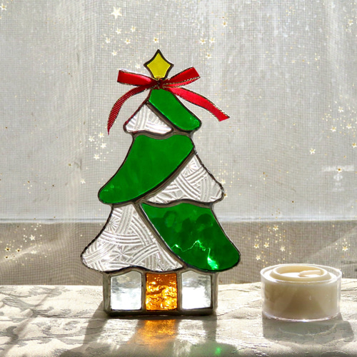 ステンドグラス ＊クリスマスツリーのキャンドルホルダー濃いグリーン