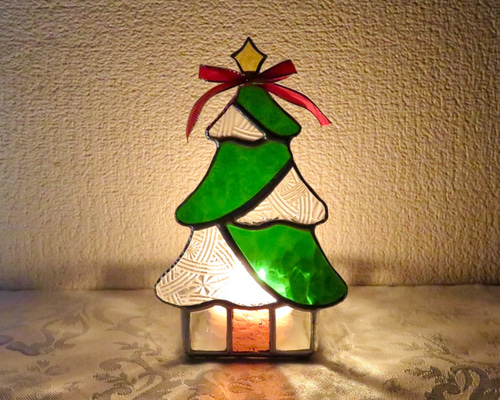 ステンドグラス ＊クリスマスツリーのキャンドルホルダー濃いグリーン