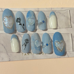 期間限定特別割実施中》ネイルチップ☆ 水色 バラ ハート 量産型 推し