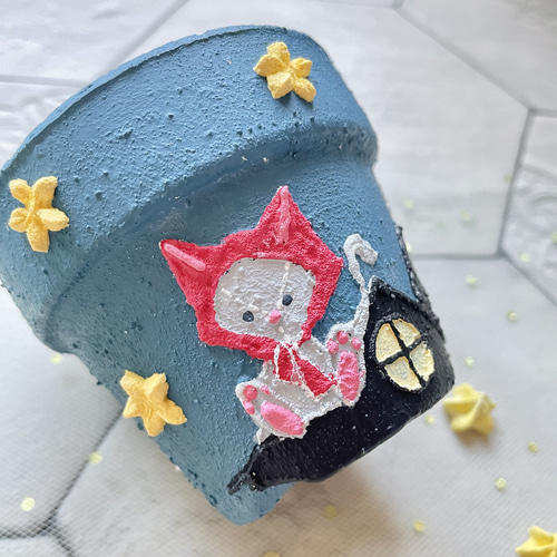 リメイク鉢（ねこずきん月夜）ネコモチーフ モルタルデコ リメ鉢