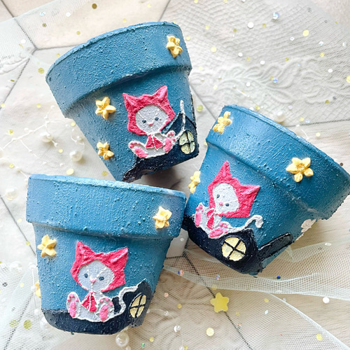 3号鉢♡ヒョッコリにゃんセット♡リメイク鉢　猫　リメ鉢　多肉　リメイク缶　リメ缶 441、リメイク鉢3号2個セットマイガーデンリメイク缶植木鉢多肉植物