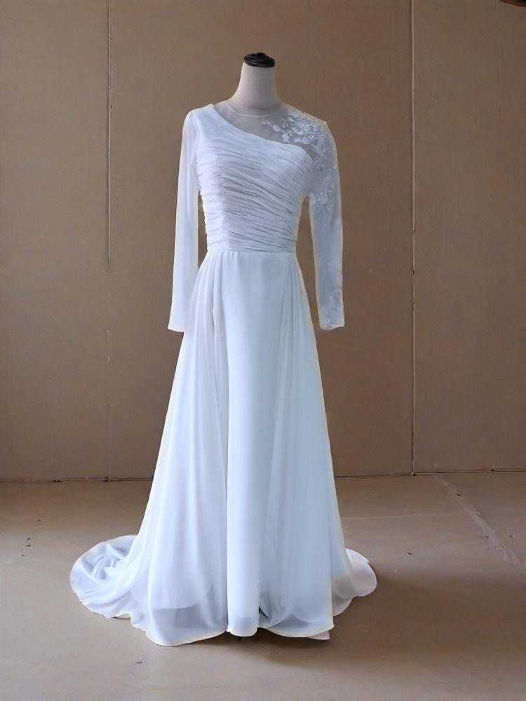 結婚式  ミルキーホワイト  長袖   優雅フローラルレース ウェディングドレス  ロマンチック披露宴D94