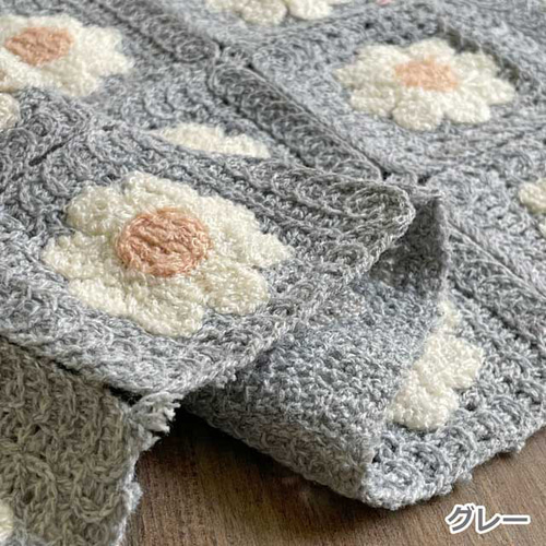 クロシェニット生地 花柄 かぎ針編みモチーフ風 グレー w53x50c