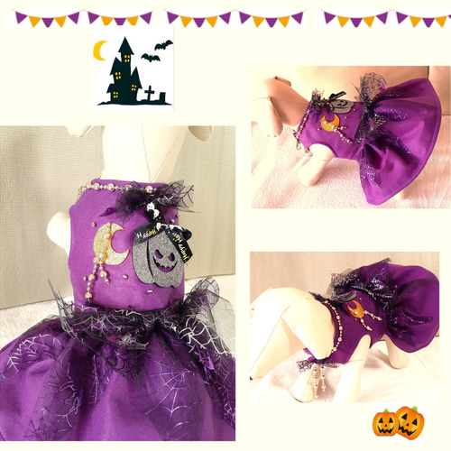 犬服 ハロウィンワンピース パープル-3（月、かぼちゃ） 送料