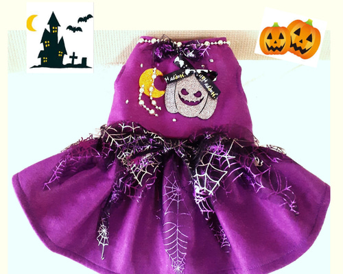 犬服ハンドメイド♡ミィモ♡ハロウィンワンピ♡ラグラン袖ハイネックワンピース 犬服 ハロウィンワンピース 黒／キャンディ・オバケ 送料無料