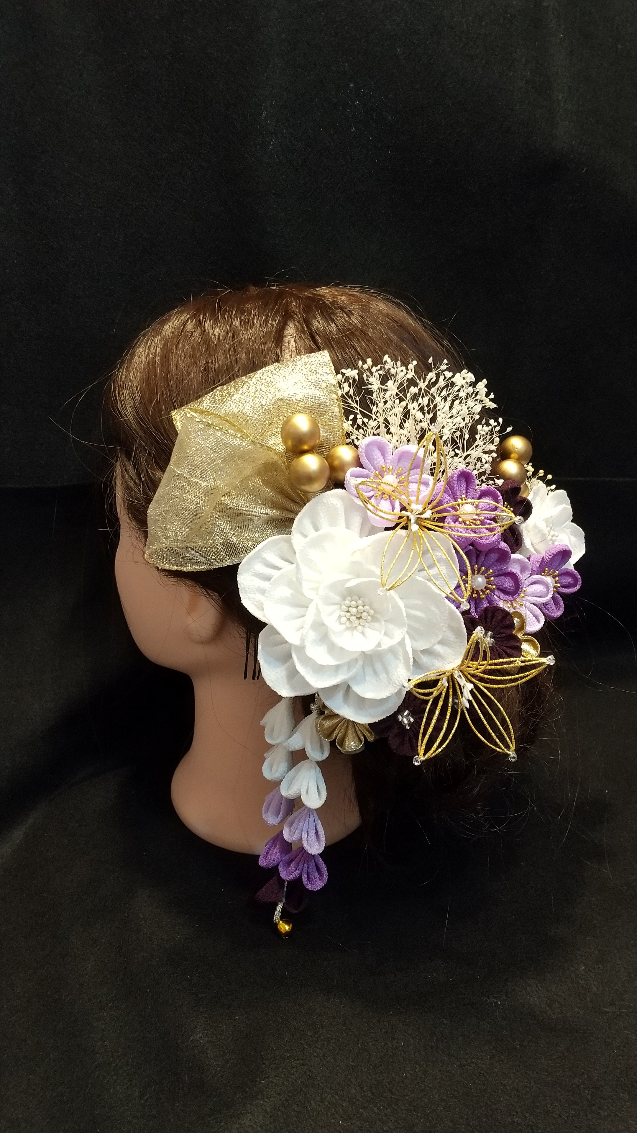 つまみ細工&水引&ドライフラワー 成人式、卒業式、婚礼髪飾り｢ちりめん｣ 白、紫系、シャンパンゴールド