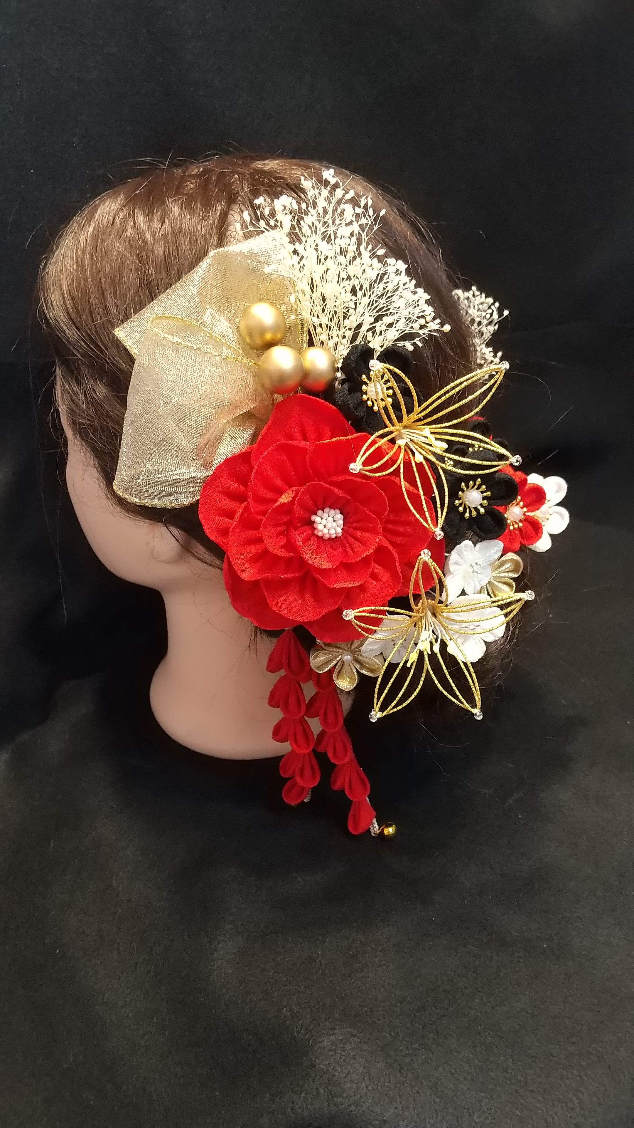 つまみ細工&水引&ドライフラワー 成人式、卒業式、婚礼 髪飾り｢ちりめん｣ 赤、黒、白、シャンパンゴールド
