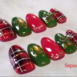 No455ジェルネイルチップ☆付け爪~赤タータンチェック×グリーン