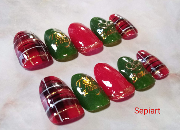 ネイルチッ12点 No455ジェルネイルチップ☆付け爪~赤タータンチェック×グリーン