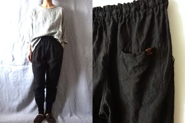 【受注制作】黒/天日干し25リネン　RIBパンツ