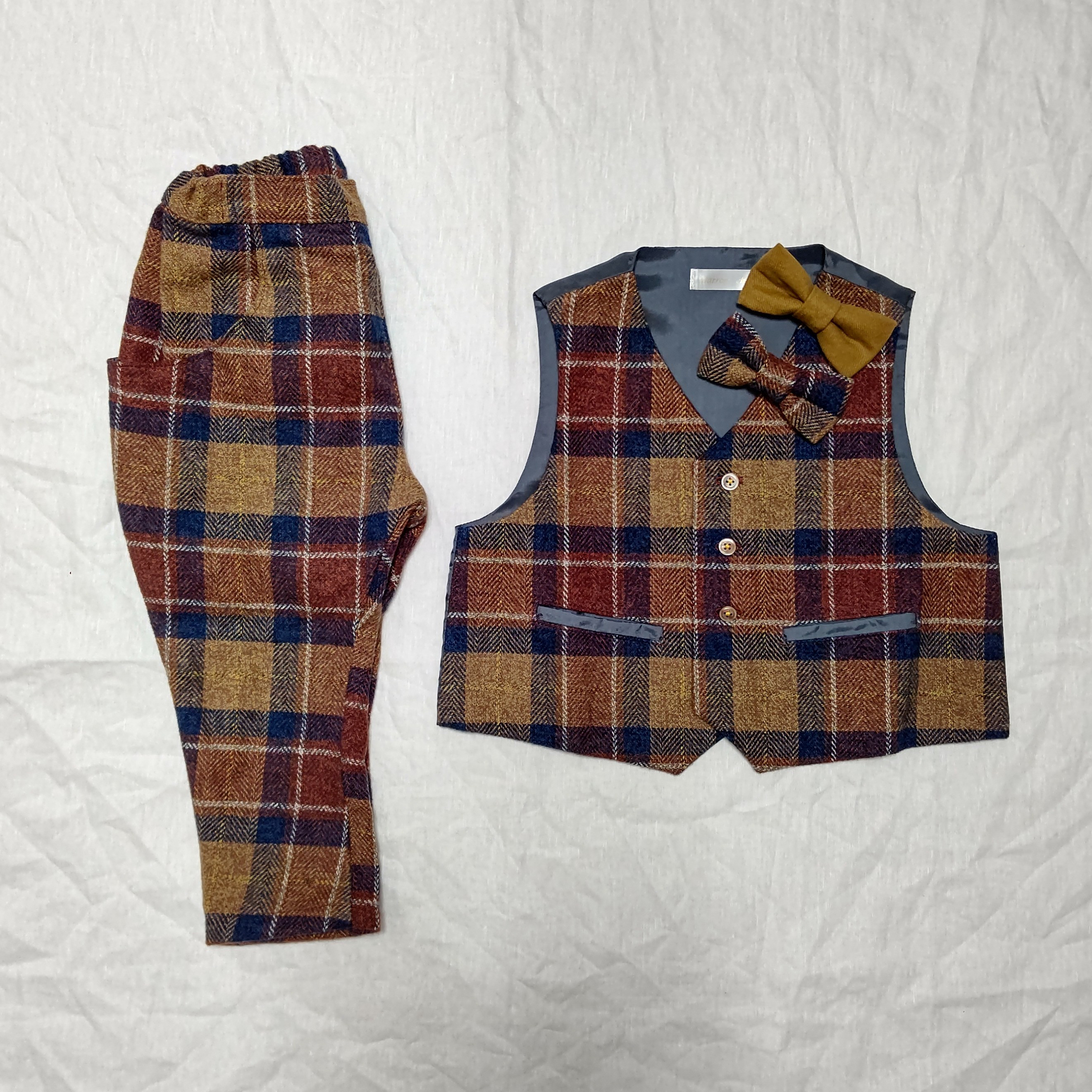 【お色は3色×5色から♪】コットンツイードのベストセットアップ蝶ネクタイ付き！［90-130サイズ］