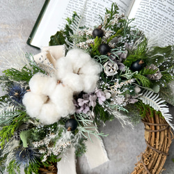 フレッシュグリーン　クリスマスリース　くすみブルー　プリザーブドフラワー　綿の実　リース　クリスマス　ヒムロスギ　 5枚目の画像