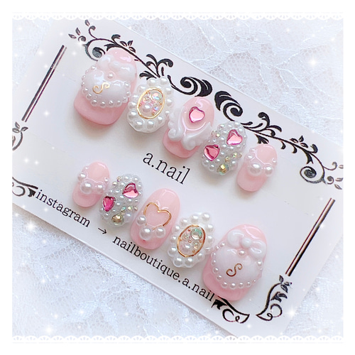 No.012】ネイルチップ♡ゆめかわ♡ハートネイル♡羽♡リボン