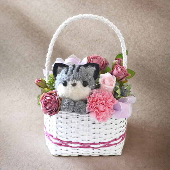 もこペット【猫・ピンクバスケット】プリザーブドフラワー カーネーション 花 誕生日 お祝い フラワーギフト ねこ 4枚目の画像