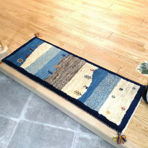 秋の目玉品】ペルシャ ギャッベ ミニランナー 113×44 藍色