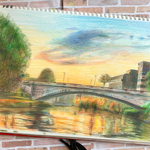 風景画「橋と夕焼け」原画 絵画 インテリア イラスト 手描き