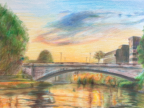 風景画「橋と夕焼け」原画 絵画 インテリア イラスト 手描き