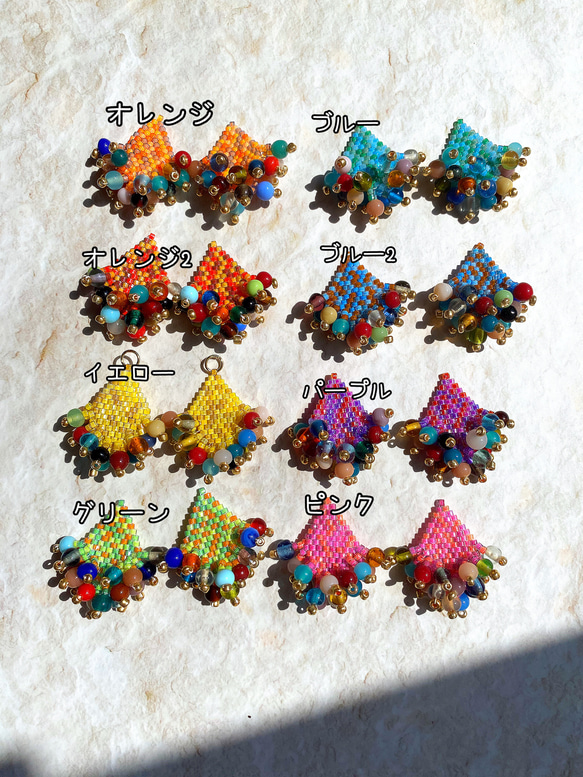 No.93【MIXカラー(艶有)】　　ビーズステッチとインドビーズのフリンジピアスorイヤリング 5枚目の画像