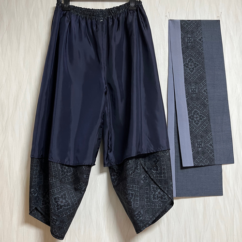紬サルエルパンツ＋ストール＊裏地付き＊着物リメイク