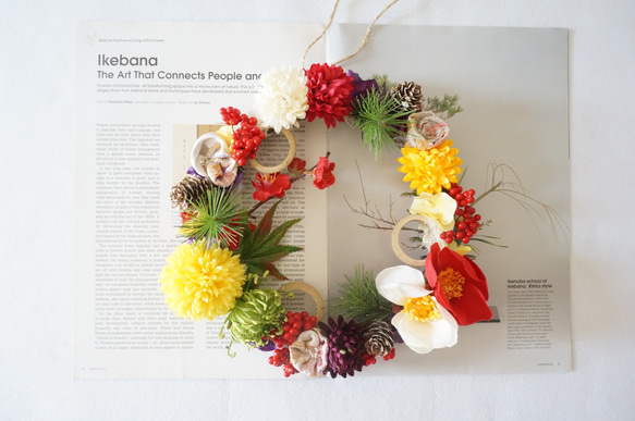 【Creema限定・1点物】黄菊と彩華のお正月リース 4枚目の画像