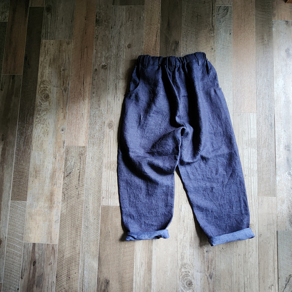 くじらパンツ ゆったり履ける リネンデニム［小さい人のパンツ］インディゴブルー 3枚目の画像