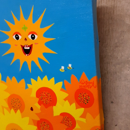 ハッピー太陽と虹　キャンバス　20×20cm　油絵　小楠アキコ作品 ハッピー太陽画家 小楠 アキコ HappySunPainter AKIKO OGUSU